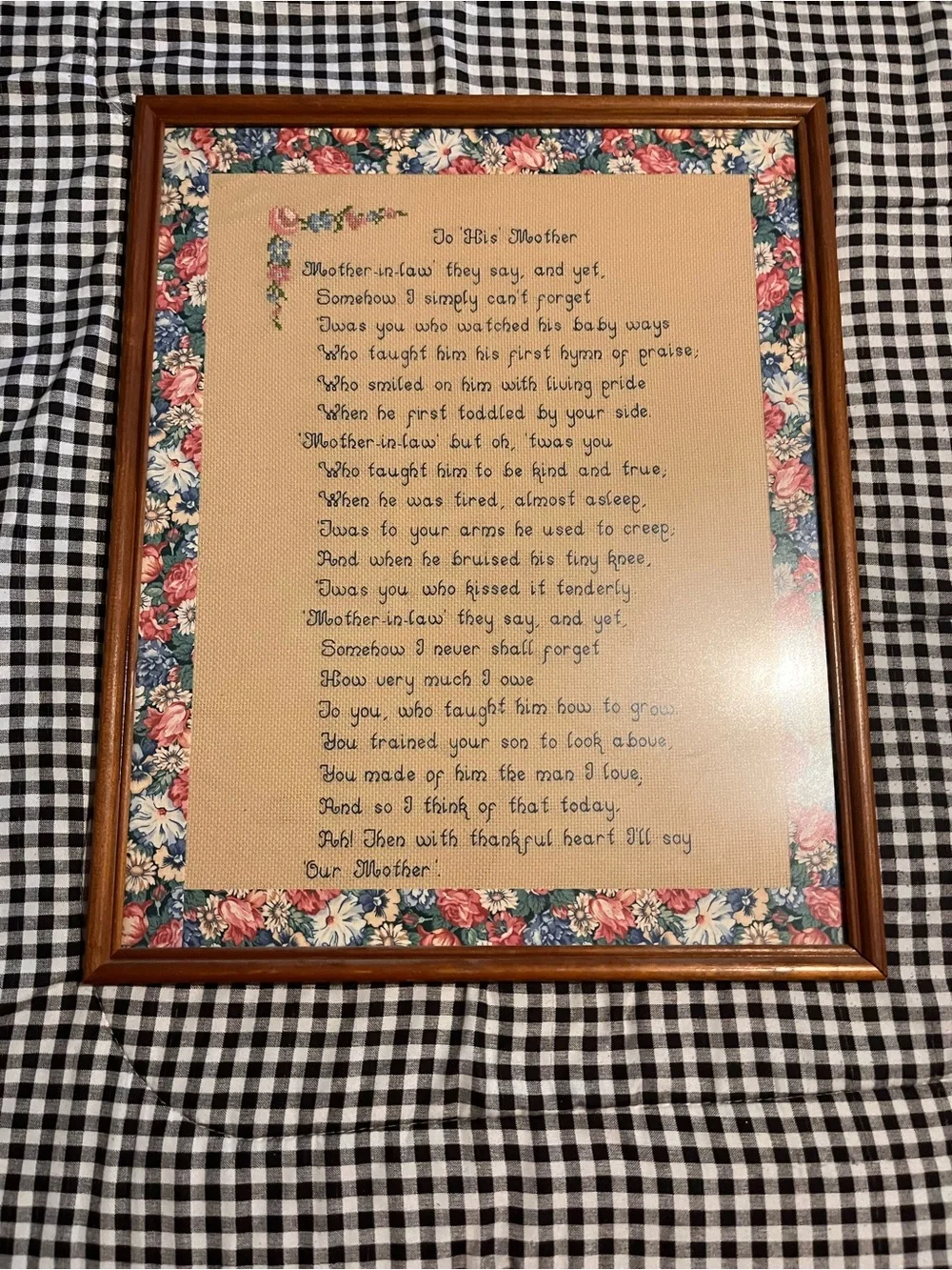 Framed Floral Cross-Stitch 'To His Mother' Poem - Brown Frame 21x17